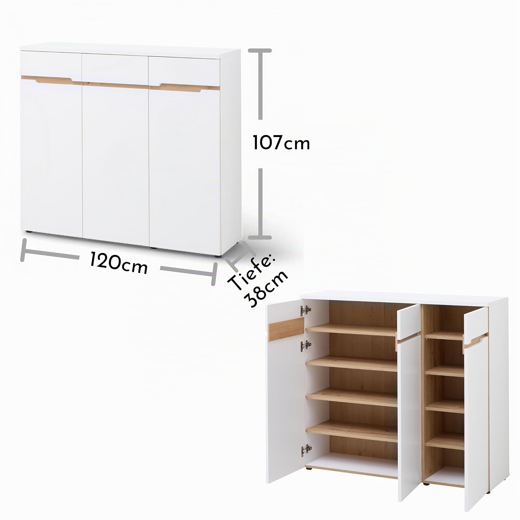 MEMPHIS Schuhschrank Schuhregal Weiß Artisan Eiche 120 x 107 x 38 cm | Zeitloses Design mit 3 Türen, 8 verstellbare Fachböden mit Stauraum, moderne Griffleisten, Korpus in Mattweiß, Set, Garderobe
