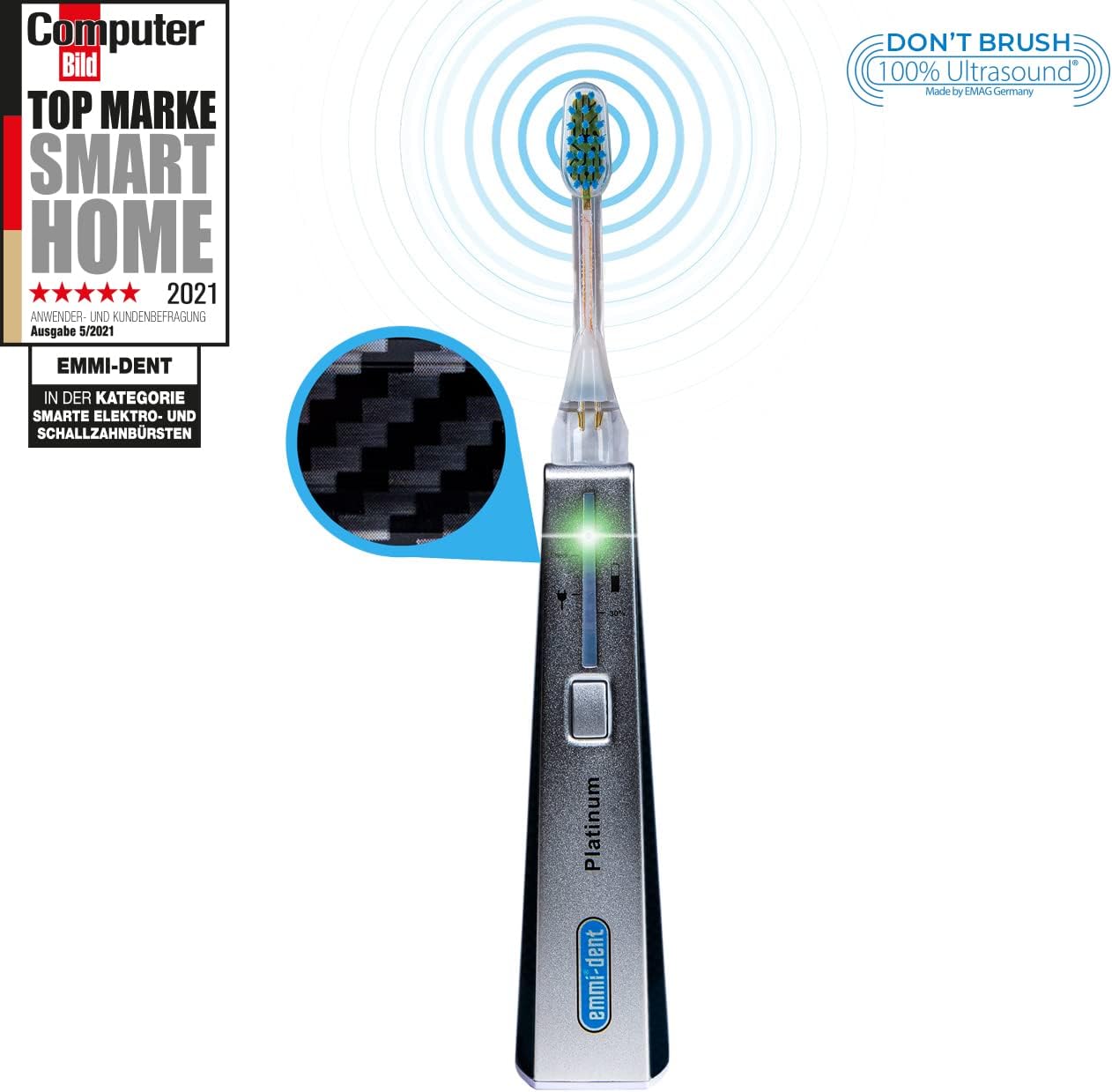 Emmi-dent Electric Toothbrush Set - Carbon. 100% Ultrasound Technology removes Harmful Plaque Without Abrasive Brushing. Ideal for Sensitive Teeth & Gums. with Nano-Bubble Toothpaste. Rechargeable.