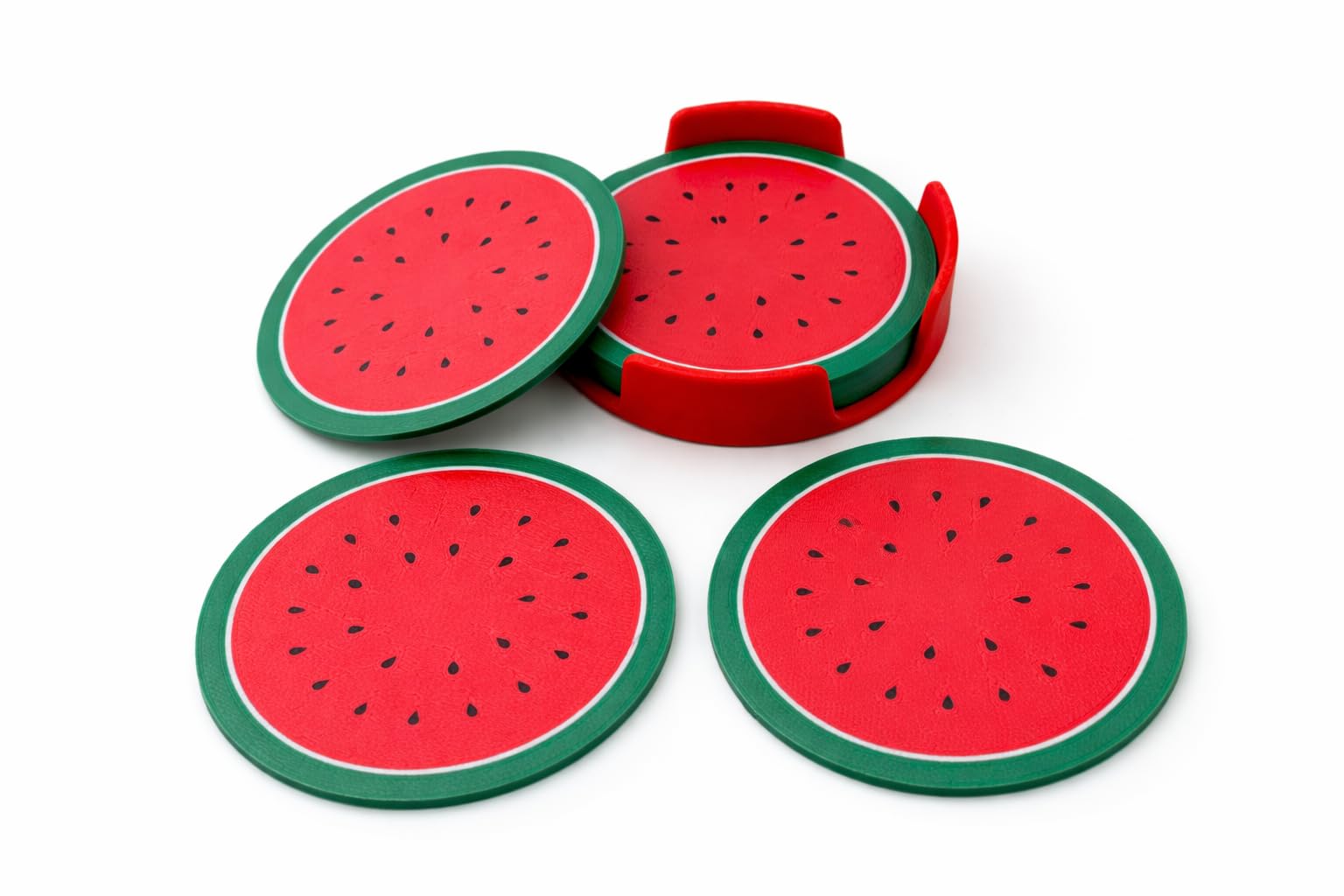 Watermelon Drinks Coasters with Holder, Set of 6 Plastic Table Coasters, Round Fruit Design Cup Mats for Hot and Cold Drinks, Kitchen Dining Coffee Table Protection