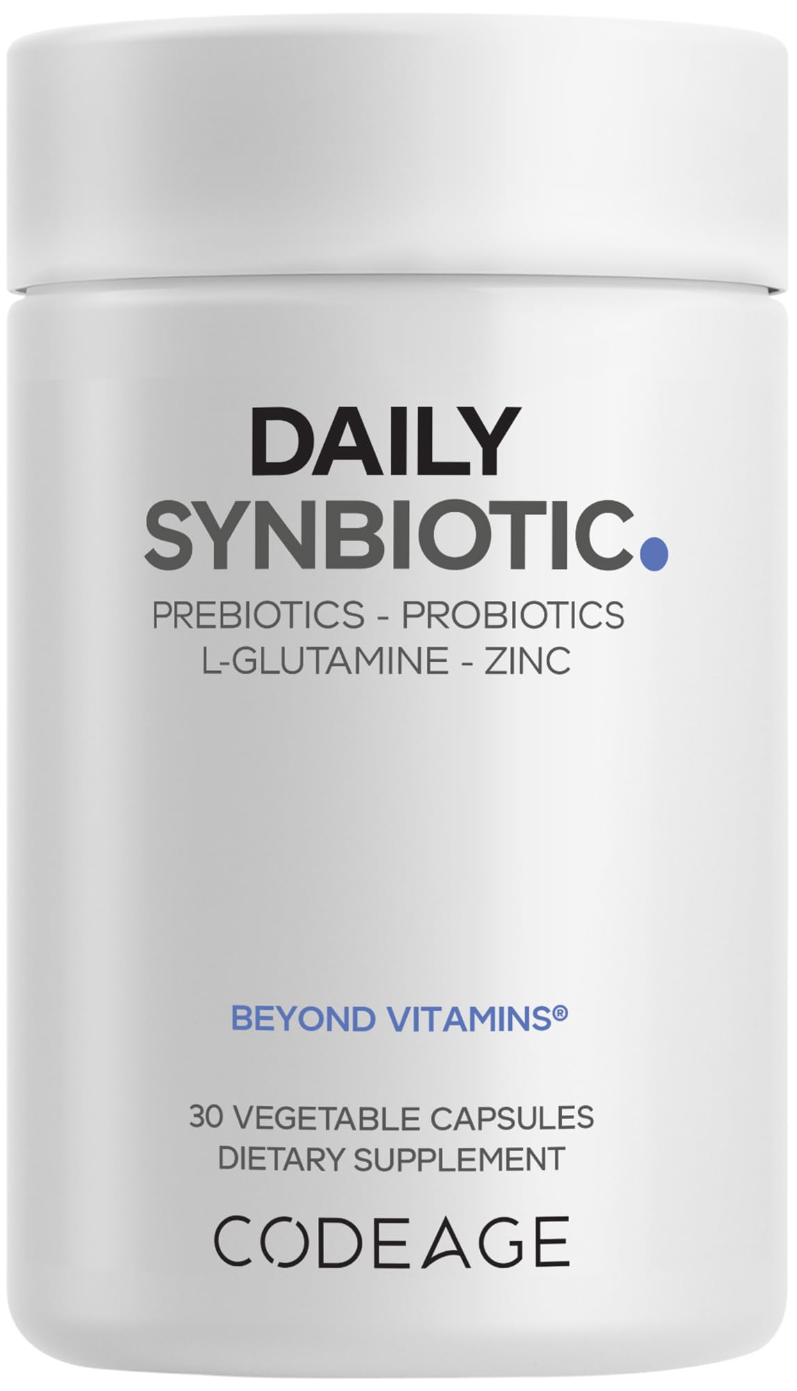 Codeage Daily Synbiotic Supplement - Prebiotics, Lactobacillus & Bifidobacterium Probiotics, L-Glutamine, Zinc L-Carnosine, DGL, Synbiotic Probiotic, BioPerine - Shelf-Stable - 30 Capsules