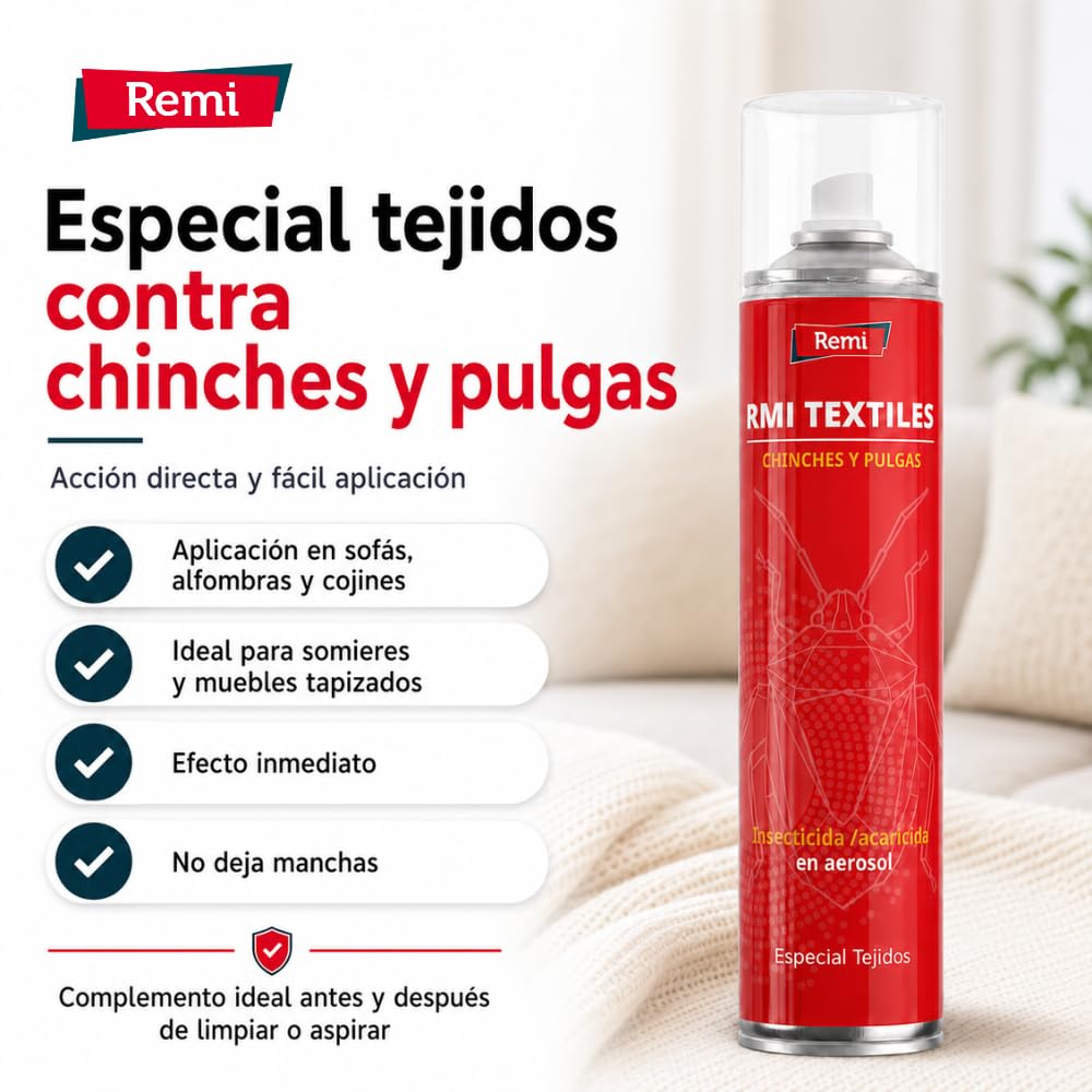 Remi Hogar Spray Anti Chinches y Pulgas Insecticida | Veneno | Aerosol Repelente Especial Tejidos | Eficaz | Aplicar en muebles