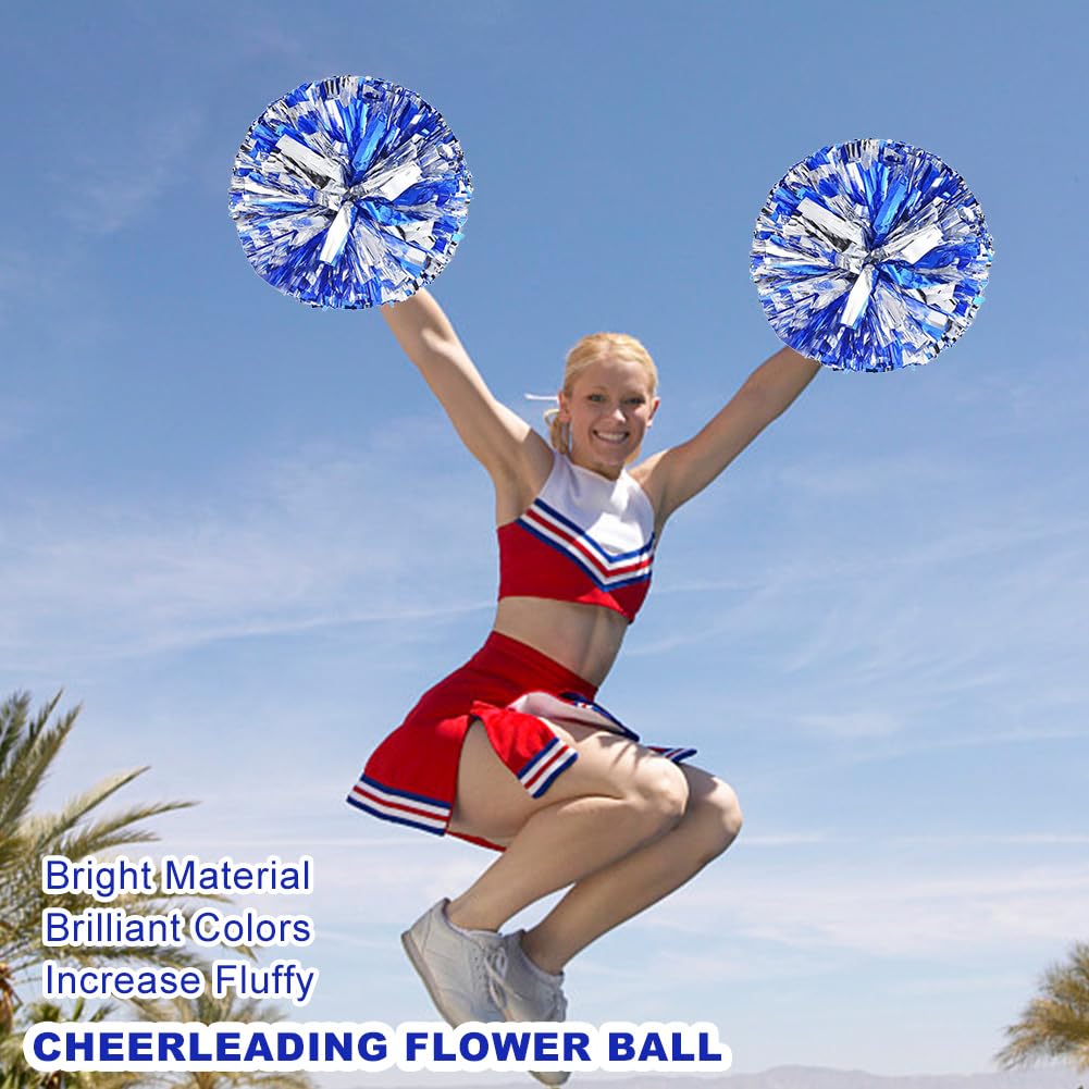 BRTNUP 12 Inch Metallic Cheerleading Pom Poms for Kids Adults 4PCS Fluffy Cheerleader Pompoms with Handle for School Sports Games Team Spirit Cheer (Blue Silver) - Image 4
