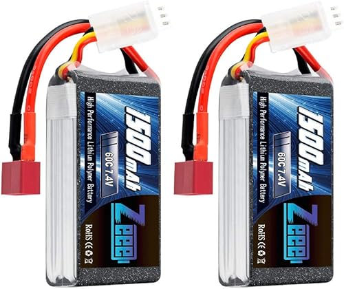 Zeee Batería Lipo RC de 7.4V 60C 1500mAh 2S con enchufe Deans para FPV Drone Quadcopter Helicóptero Avión RC Barco RC Car RC Modelos (paquete de 2)