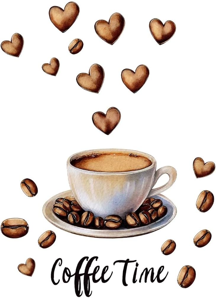 Coffee Time Wall Stickers | Coffee Beans Tea Cup Peel and Stick Home Kitchen Bar Wall Decor,Removable Stickers for Home Cafe Shop Station Bar Pub Office