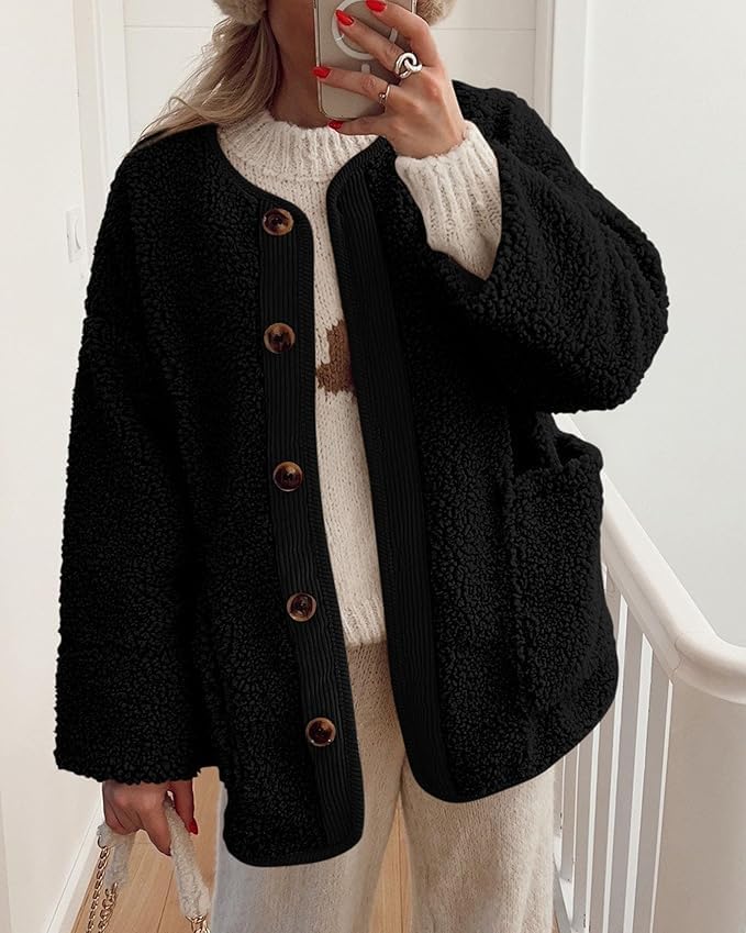 Women's Fuzzy Fleece Jackets Long Sleeve Button Down Fuzzy Sherpa Outerwear with Pockets