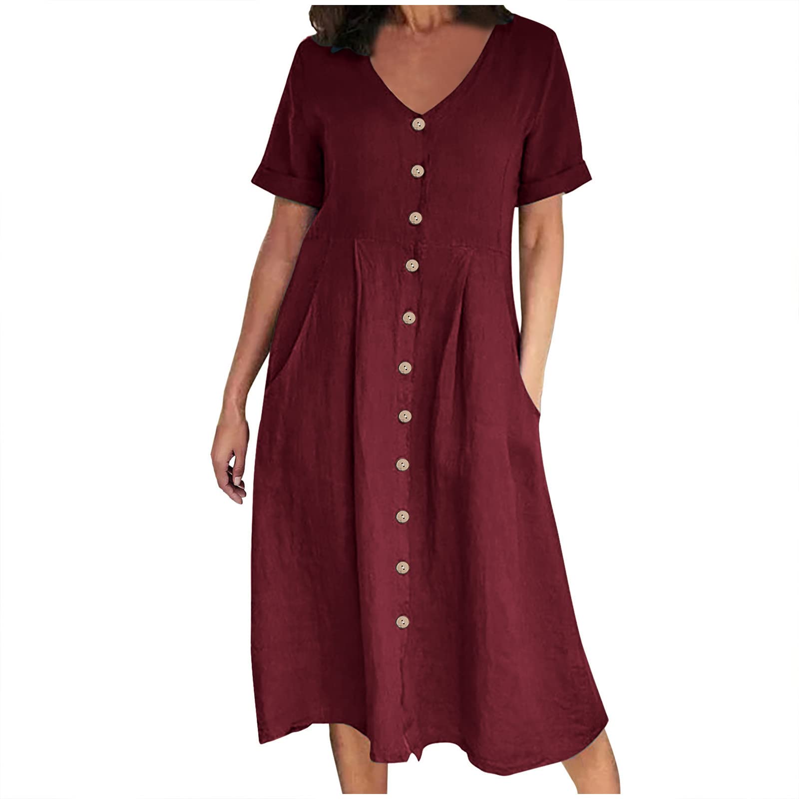 AMhomely Summer Dress Women UK-Button Down Shirt Dress,Plus Size Cotton Linen Dresses with Pocket,V Neck,Short Sleeve,Bohemian Beach Sundress,Office Work,Holiday Vacation B Wine XL