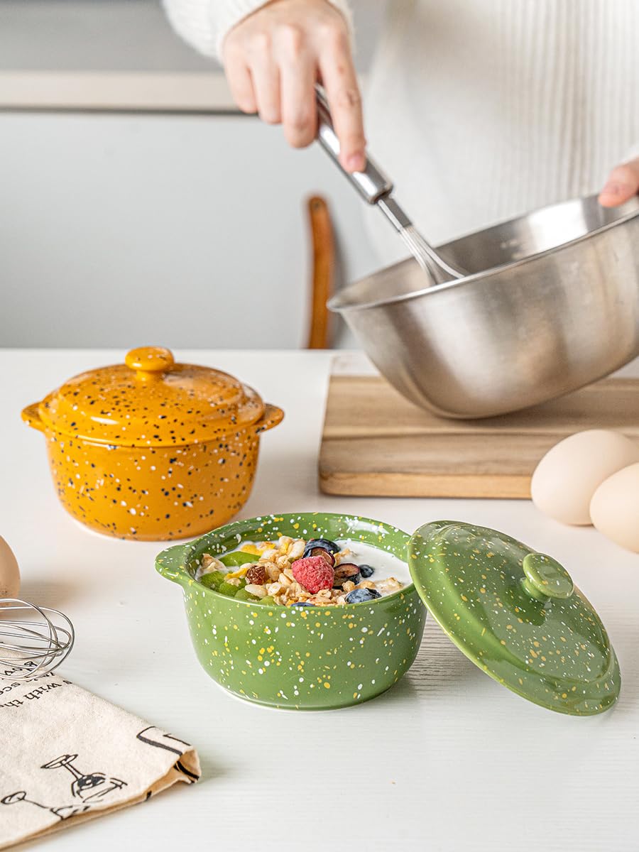 Juego de 4 mini cocotte de cerámica para horno, cacerola pequeña de 9 onzas con asas y tapa, olla individual para servir soufflé, sopa, adoquines, moldes de gres para hornear, color verde