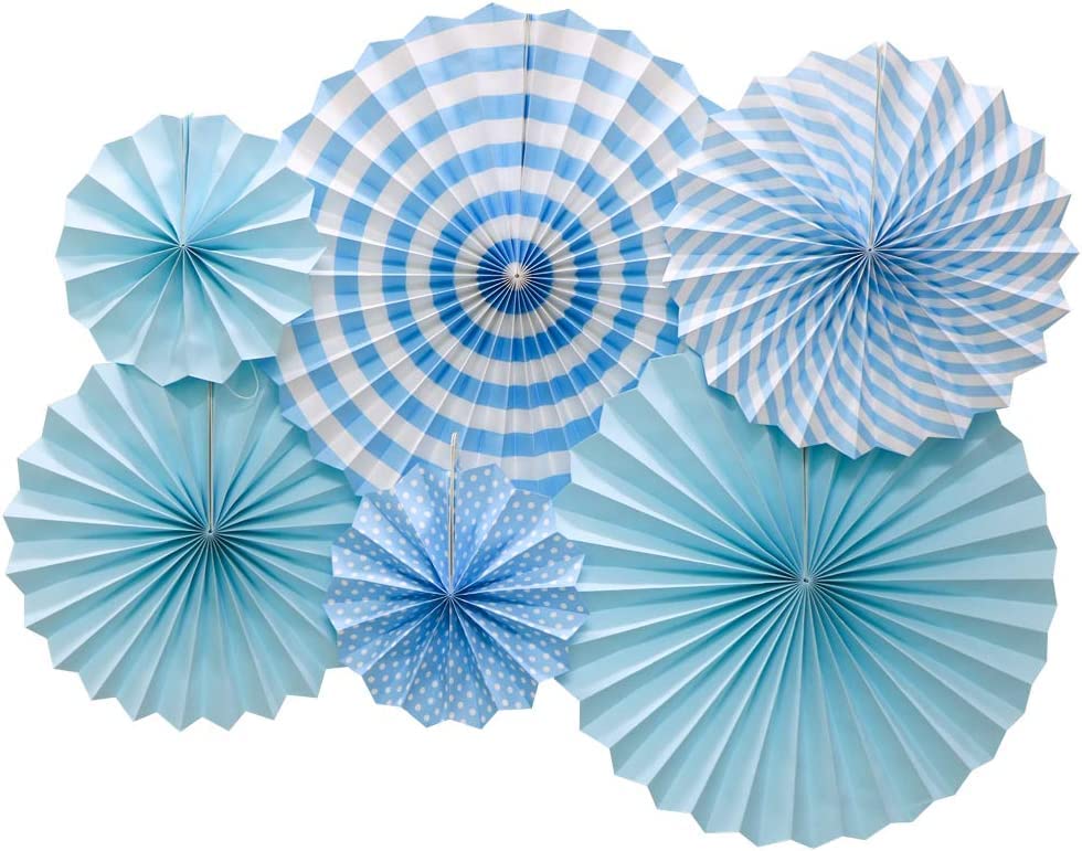 Image of 6 pcs Blue Hanging Paper Fans for Party Decoration Colorful Patterns Party Fans for Birthday Anniversary Bridal Shower Baby Shower Christmas Diwali & Wedding Decor (Pack of 6, Blue)