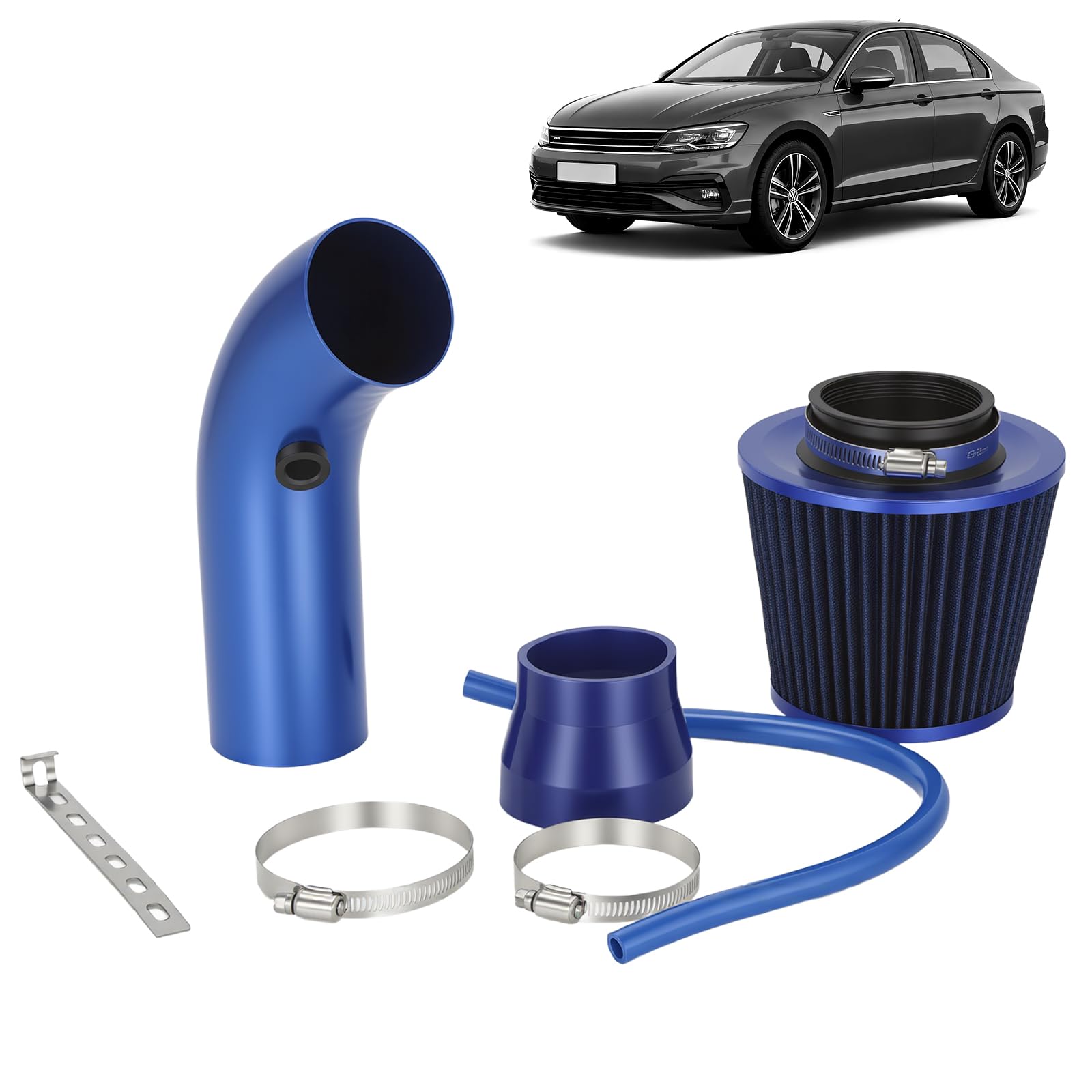 76mm (3") Universal Kaltlufteinlass Kit, Sportluftfilter mit Aluminium-Ansaugrohr & Silikonverbinder, Auto High-Flow Ansaugsystem für Tuning, Blau