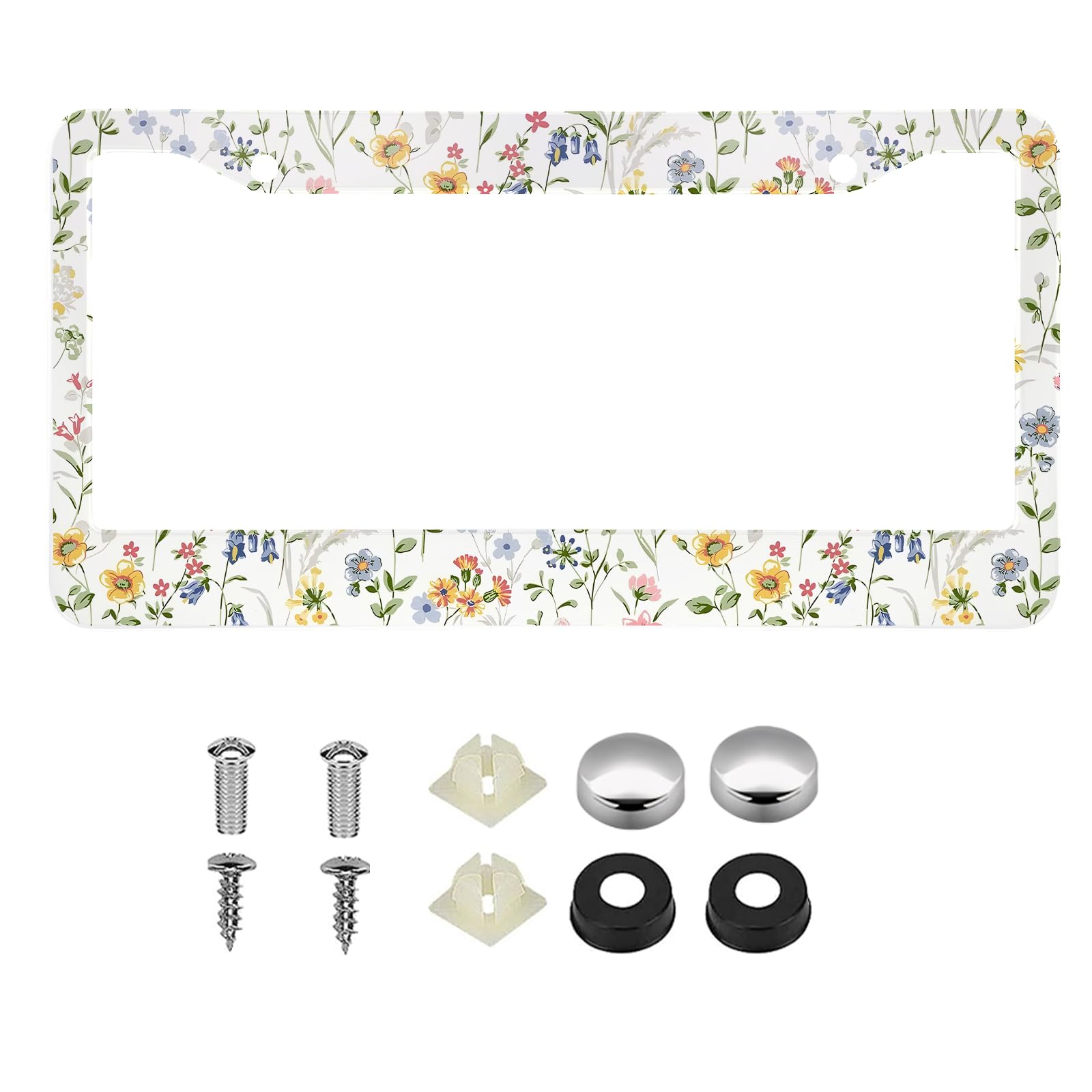 1Pc Wildflowers Too Flower License Plate Frames Cover Holders Aluminum Alloy License Plate Cover with Screw Caps Cover and Screwdriver Set - 2-Hole