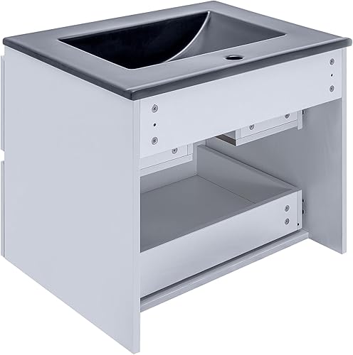 Miniatura 8 de Mueble de baño montado en la pared blanca de 24 pulgadas con lavabo flotante de dos cajones con fregadero integrado de cerámica negra