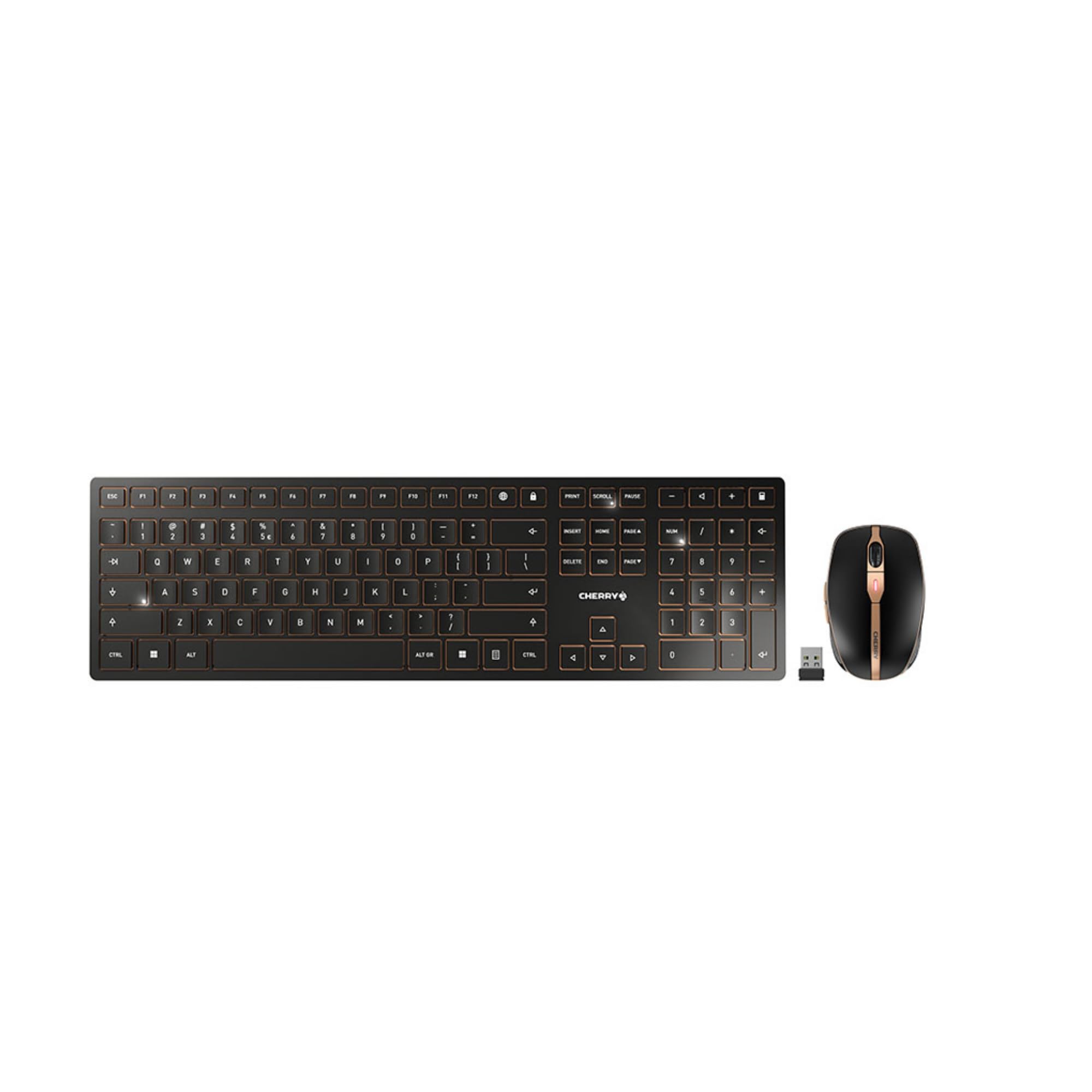 CHERRY DW 9000 SLIM, Set di Tastiera e Mouse Senza Fili, Layout per l'UE (QWERTY), Bluetooth e Radio 2,4 GHz, Pulsanti Silenziosi, Ricaricabile, Nero-Bronzo