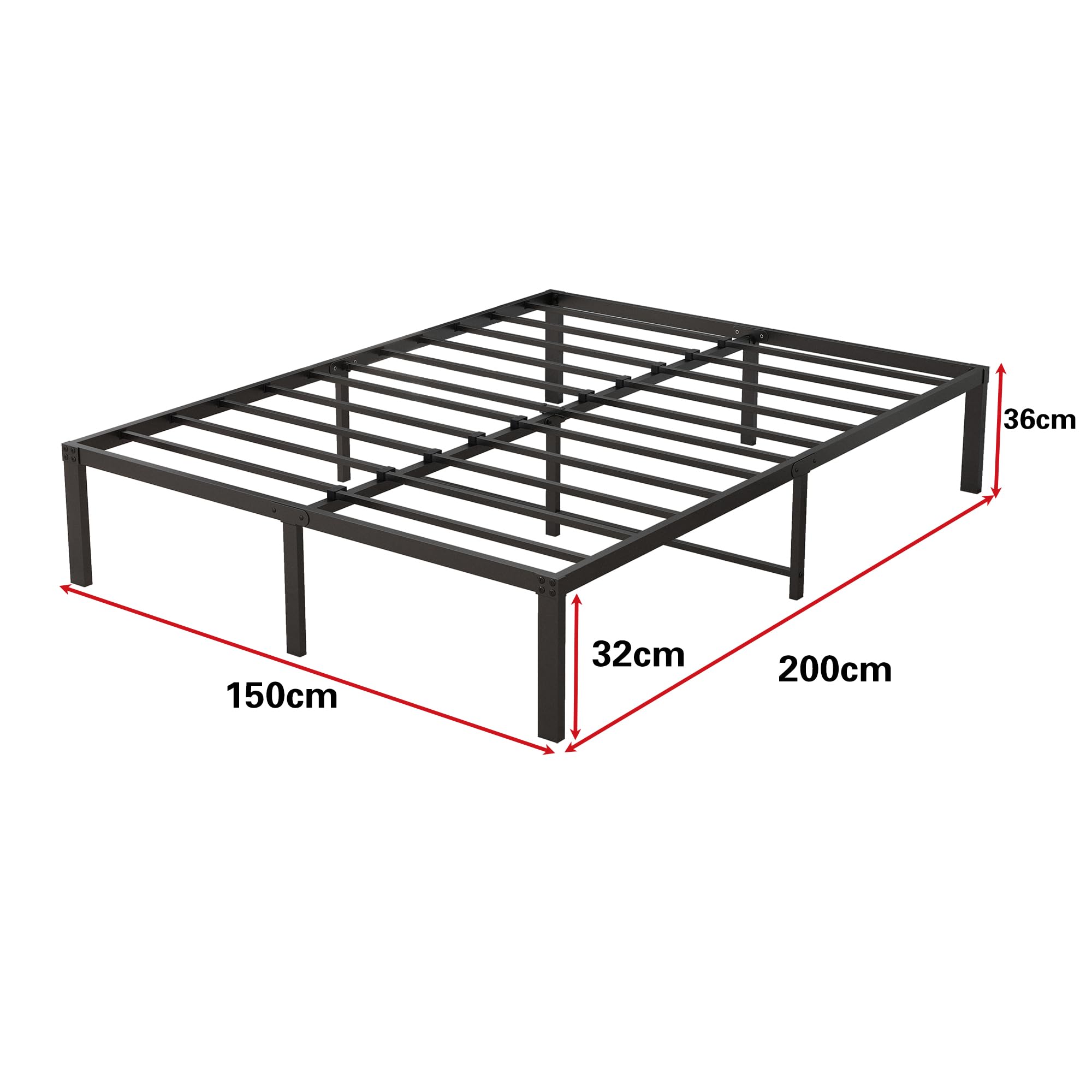 Marco de cama tamaño king, cama de metal de 150 x 200 cm, 36 cm de altura con almacenamiento debajo de la cama, marco de cama de metal tamaño King de 1,5 m con soporte de listones de acero