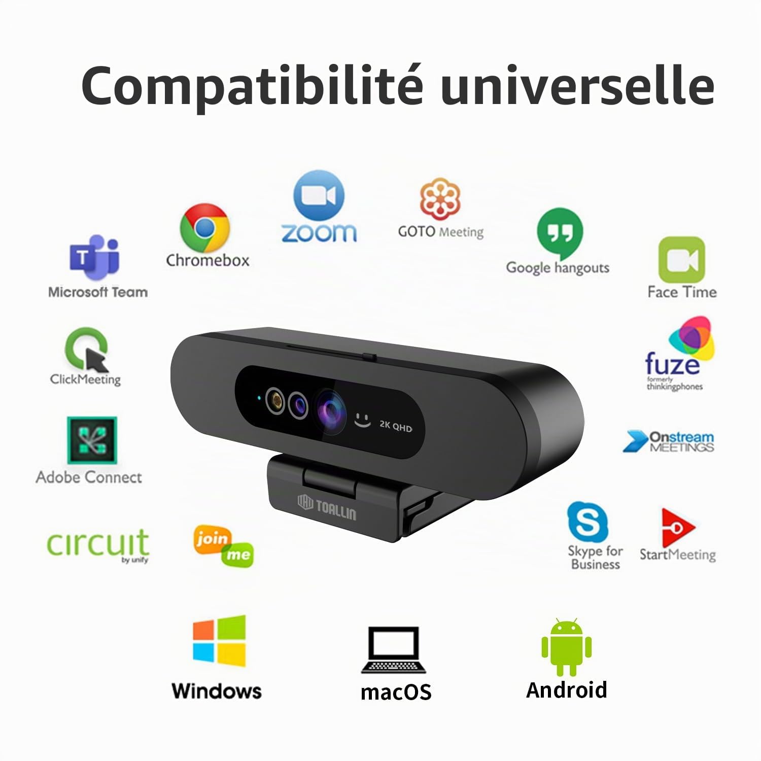 TOALLIN Webcam 2K QHD pour Windows Hello Face Login, caméra de reconnaissance faciale infrarouge, webcam USB avec microphone, vue grand angle de 92 °, pour appels vidéo