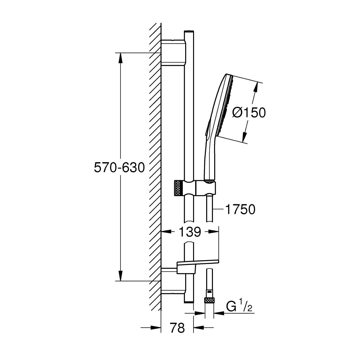 GROHE Vitalio SmartActive 150- Conjunto de ducha (teleducha 15 cm con 3 chorros, barra ducha 63 cm, soportes de pared metal, flexo 1,75 m, menor consumo agua, instalación QuickGlue), cromo, 26598000