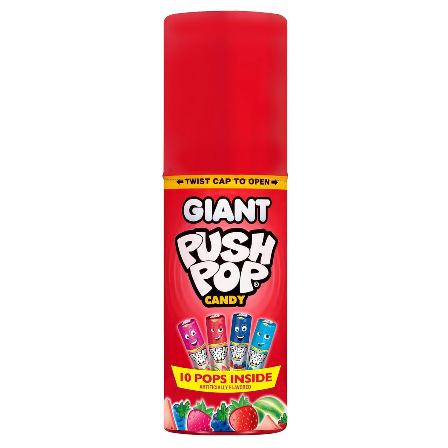 Push Pop Giant Candy Lollipop Container, 10 Ct Individually Wrapped in Assorted Fruity Flavors, Full Size, Fun Hard Candy For Party Favors, Birthday Parties, Goodie Bags, Fun Gifts for Kids