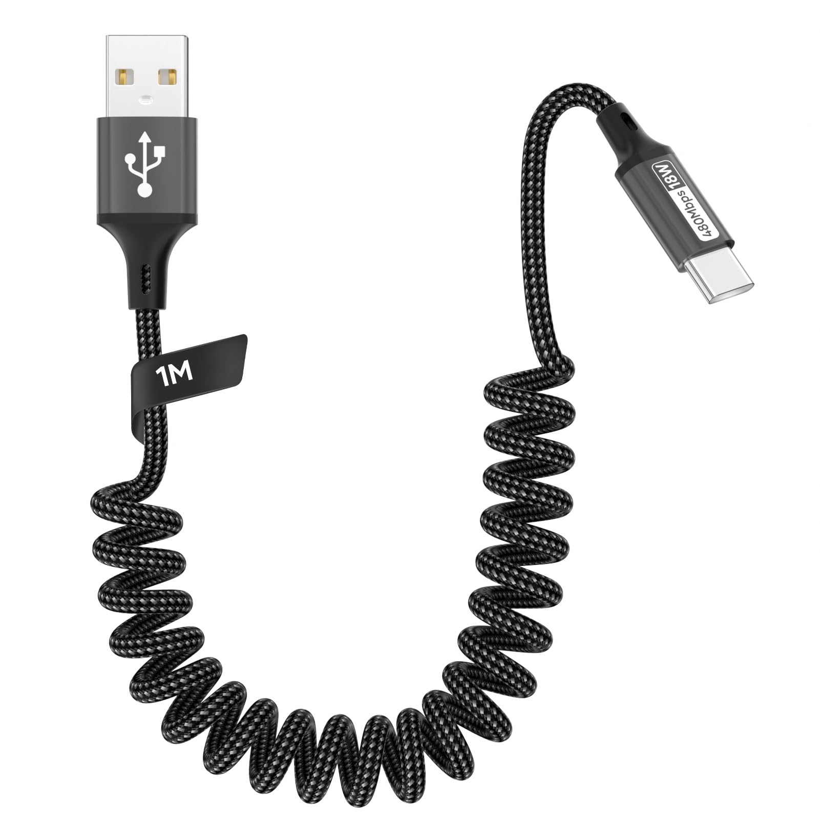 Zestiq Cavo USB C Spirale, 【0.3M-0.6M】 Cavo Retrattile USB Tipo C per Carplay, Cavo di Ricarica USB A a Tipo C Android Auto Compatibile con iPhone 17, 16, 15, iPad, Samsung Galaxy, Google Pixel-Nero