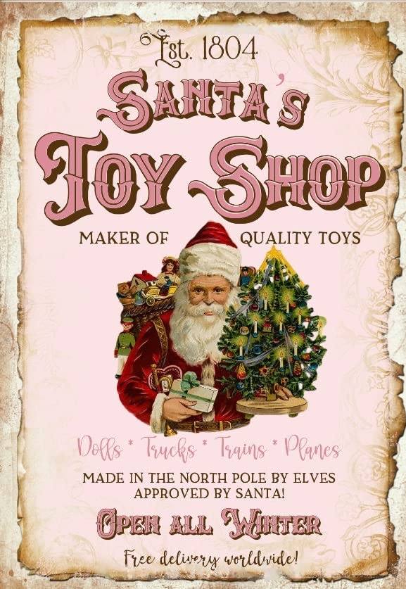 Niekea Shabby Chic Christmas Santa's Toy Shop Sign - Pink Christmas - Kids Christmas Decor, Victorian Christmas Metal Sign Tag 8" X 6 Inch Gift Plaque