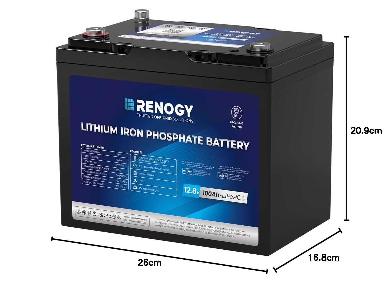Renogy 12V 100Ah Batterie LiFePO4 au lithium pour moteurs de trolling avec Bluetooth, BMS 150A, 6000+ cycles, batteries à décharge profonde, batterie solaire 12V 100Ah pour moteur de trolling, cabines