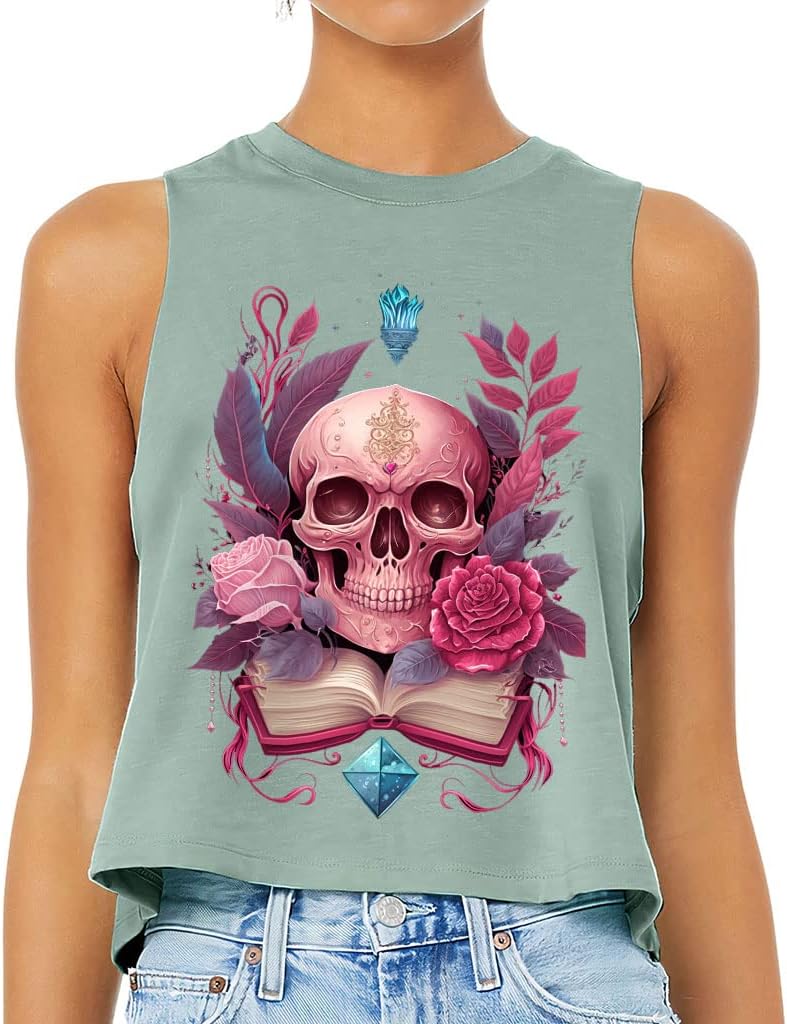Skull Print Racerback Cropped Tank - Flower Women's Tank - Book Design Tank Top - Heather Dusty Blue, M