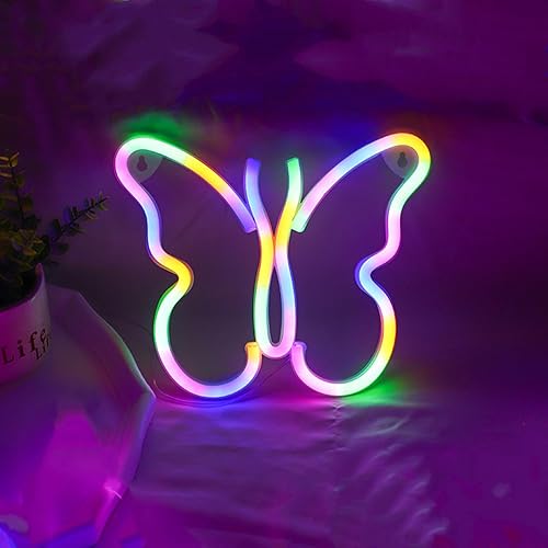 Vista 32 de Letreros de neón de mariposa que funcionan con pilas, luces LED de noche de neón, funciona con USB, decoración de pared de mariposa para decoración
