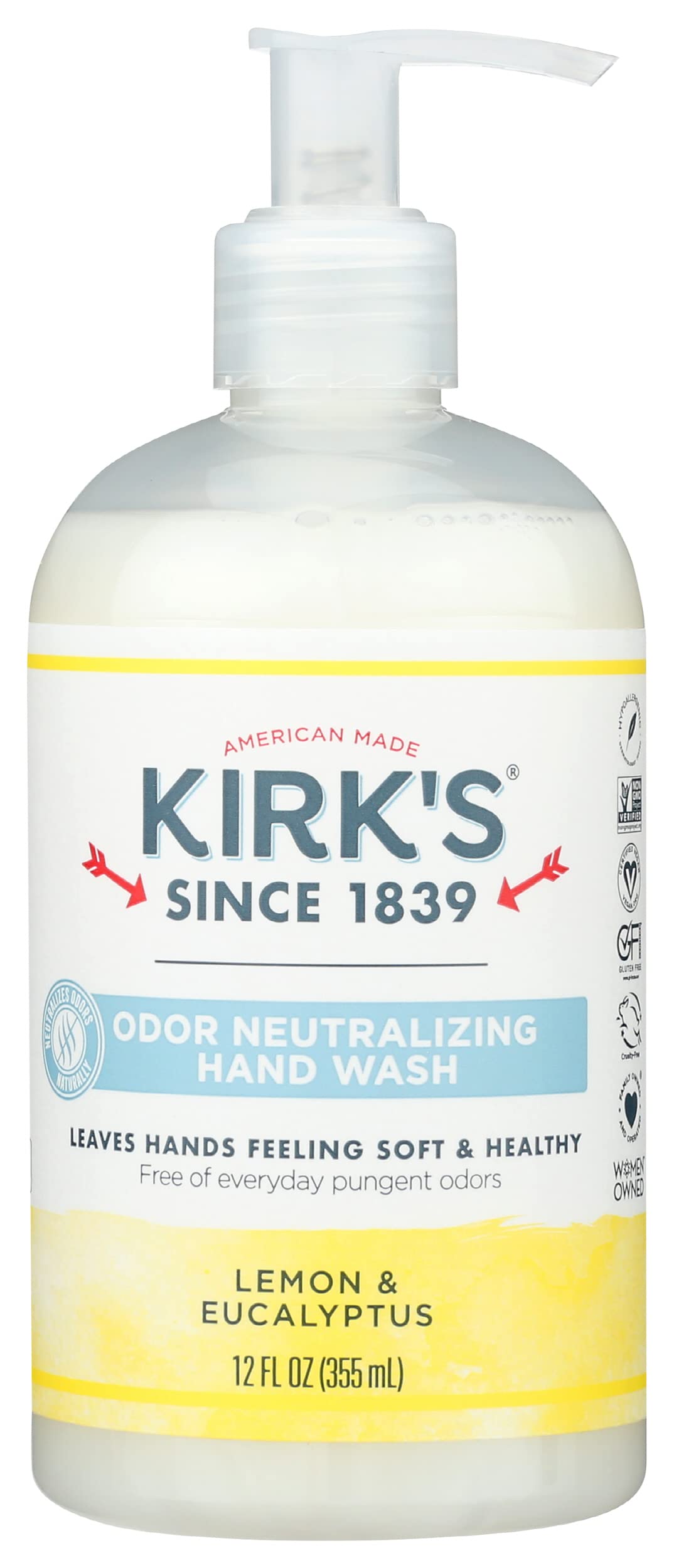 Kirk's Liquid Hand Soap Odor Neutralizing Lemon and Eucalyptus, Non GMO, Natural Formula, Free of Sulfates, Parabens Free, 12 Fluid Ounce (Pack of 1)