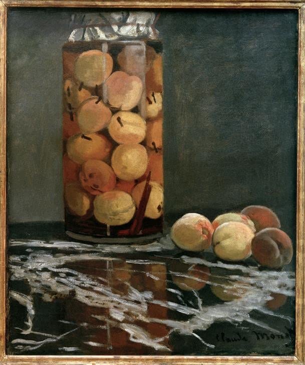 Peinture murale Monet pot de pêche sur toile de lin salon élégant
