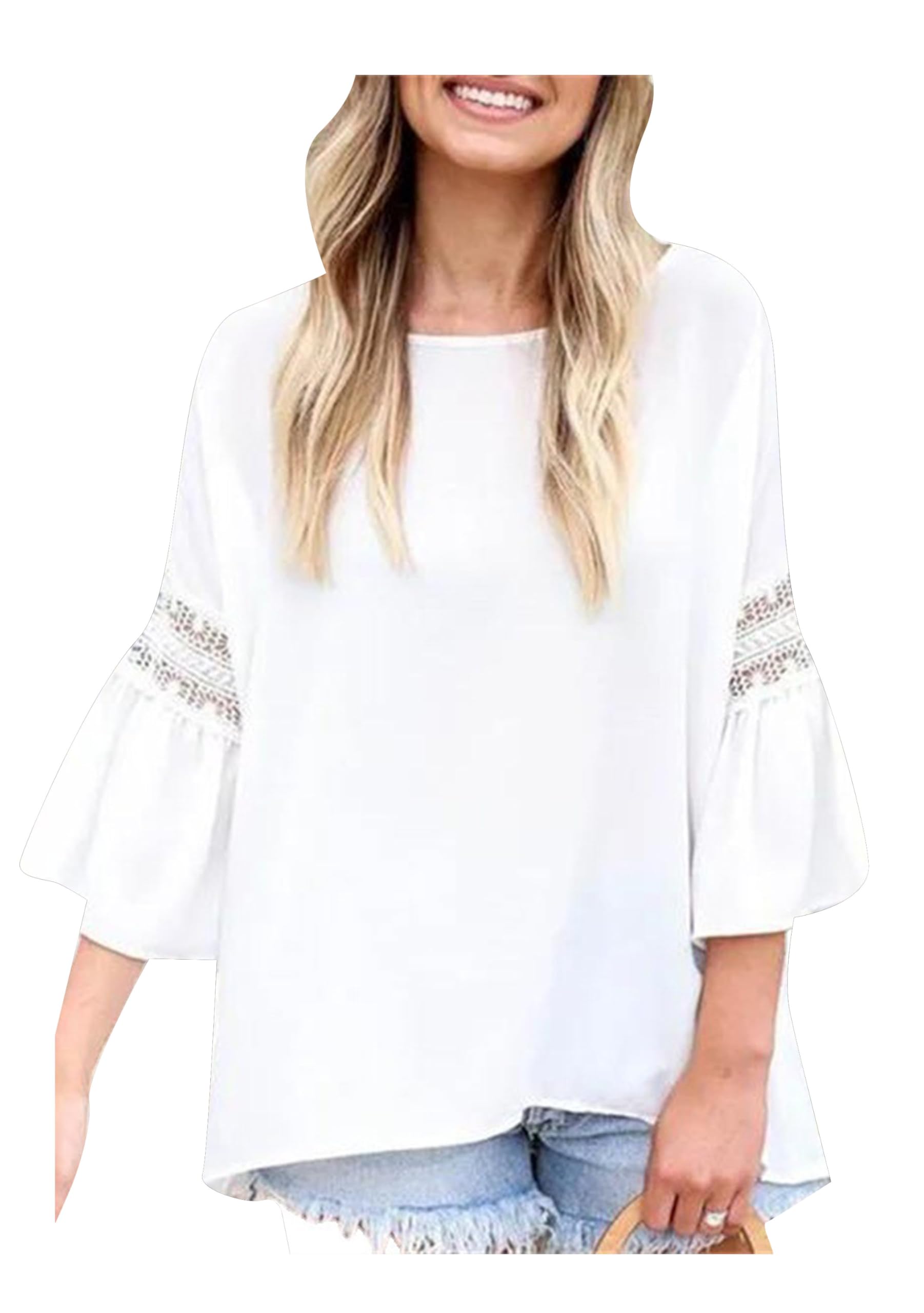 DIACACY Women’s 3/4 Bell Sleeve Summer Crew Neck Crochet T-Shirts Loose Fit Casual Pullover Solid Color Blouses