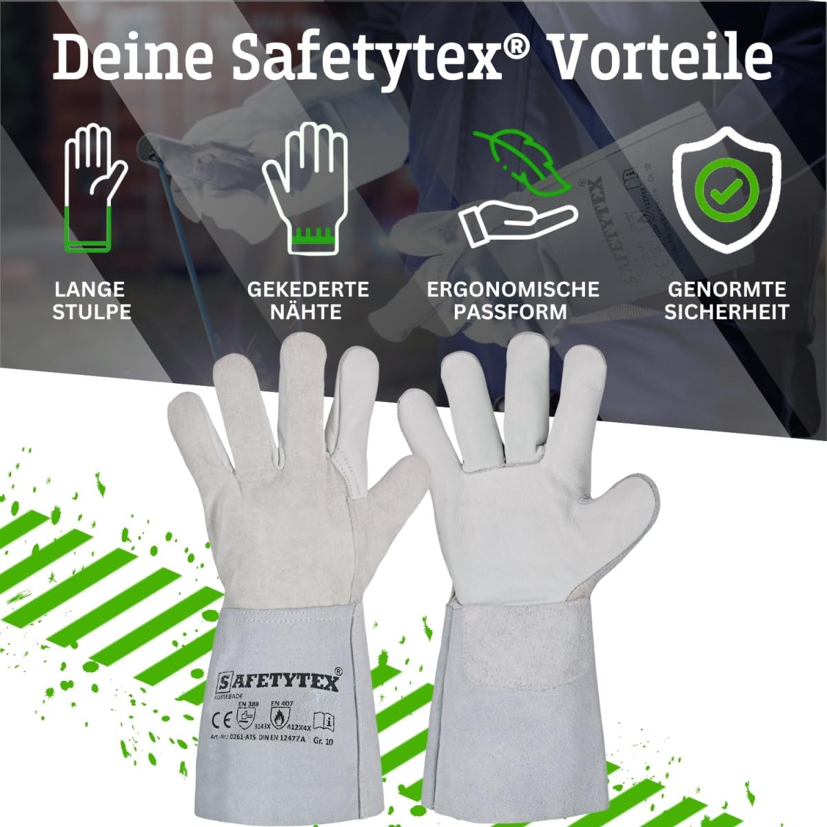Safetytex Rindleder Handschuhe KOSSEBADE - Schweißerhandschuhe aus Rindvollleder & Spaltleder - Schutz vor Hitze, Funken & mechanischen Einflüssen - Größen: 10,5 12 Stück