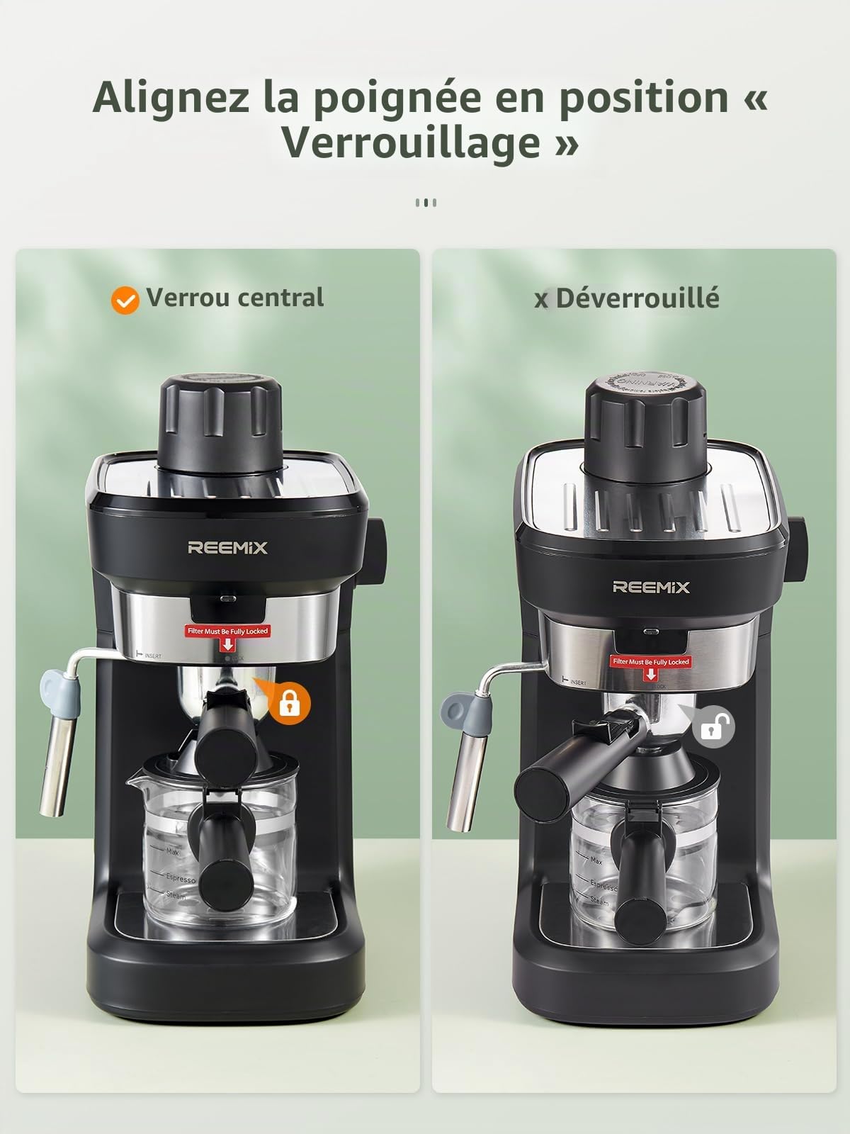 Reemix Machine à expresso 3,5 bar avec buse de mousse de lait professionnelle, en acier inoxydable, pour cappuccino, latte et macchiato Noir