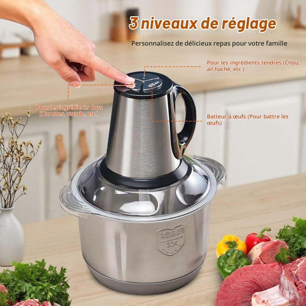 5L Hachoir Électrique 500W, Mixer Cuisine,Hachoir avec Bol en Acier Inoxydable 304, 4 Upgrade Double S-Blades, 3 Vitesses, Food Processor Idéal pour Viande, Légumes