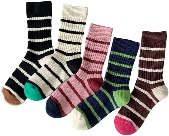 5/10 Pairs Retro Style Colorful Striped Socks, Cute Athletic Crew socks for Women