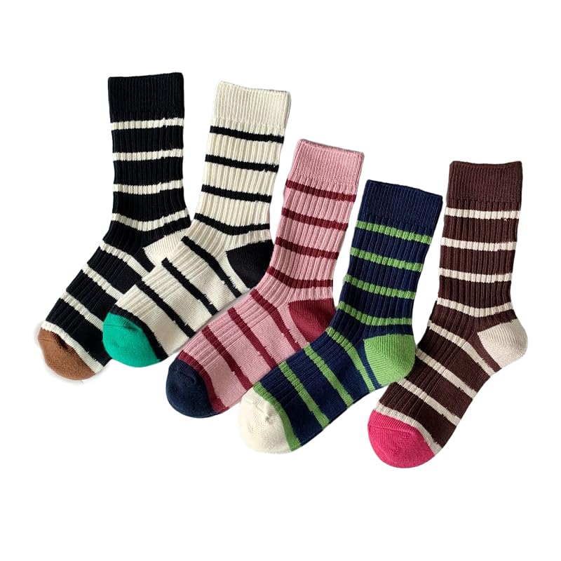 Image of 5 /10 Pairs Retro Style Colorful Striped Socks, Cute Athletic Crew socks for Women