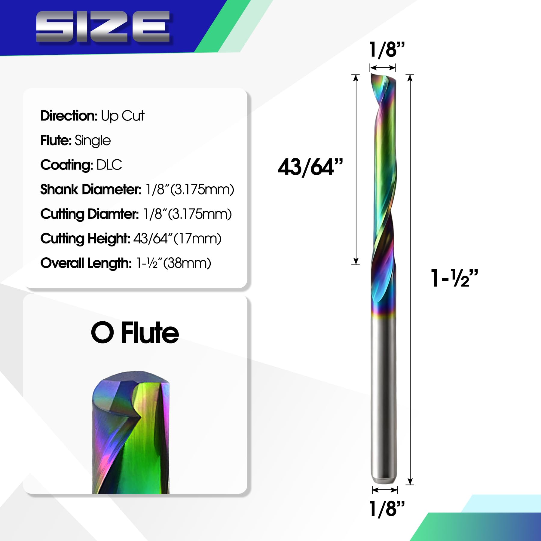 O Flute frezy do frezowania CNC z powłoką DLC, 1/8", trzonek 1/8", frez spiralny z litego węglika spiekanego do aluminium, akrylu, PCW, tworzywa sztucznego, drewna i MDF