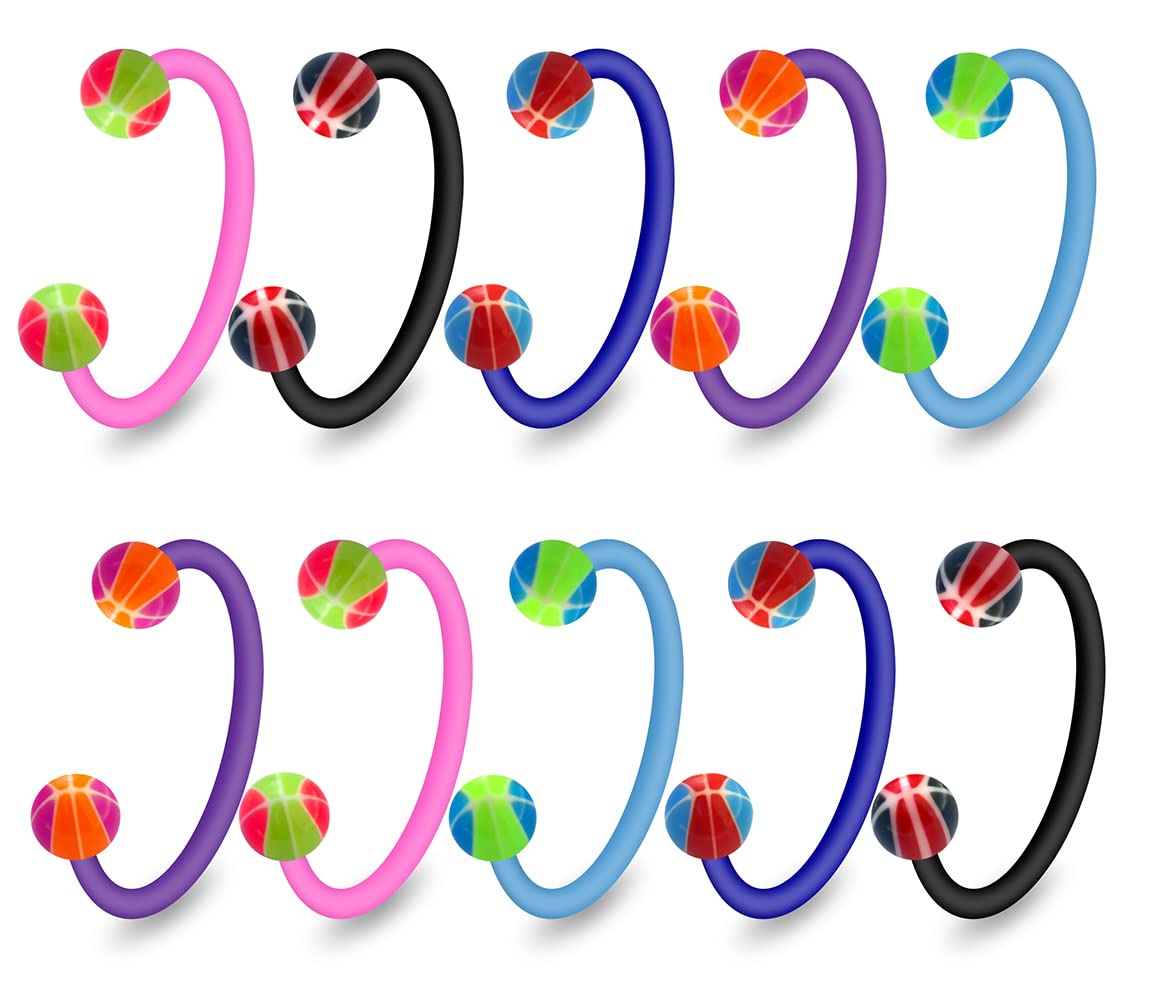 10 Pieces Set of 2 Tone Basketball UV Ball with 16 Gauge Bio Flexible Circular Barbell Body Jewelry