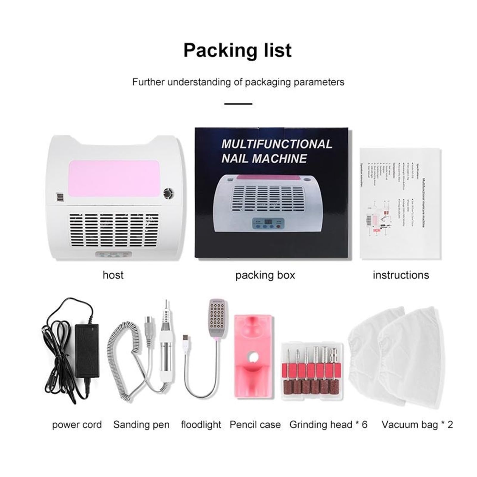 Odpylacz do paznokci, Lampa UV do paznokci Odkurzacz Wielozadaniowa maszyna Manicure Nail Art Suszarka 5 w 1 Polerka Akcesoria