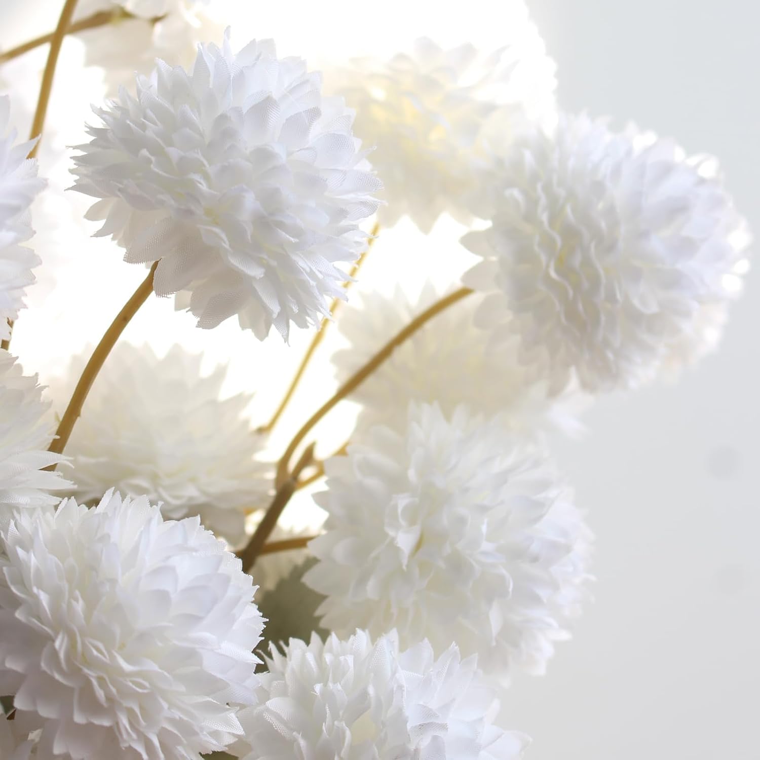 Sherika White Faux Kiku Flower,10 Stems Artificial Chrysanthemum Flowers with Eucalyptus, Fake Long Stem Mums Balls Arrangements, Dried Pompom Hydrangea for Vase, Centerpiece,Aesthetic Room Decoration - Image 5