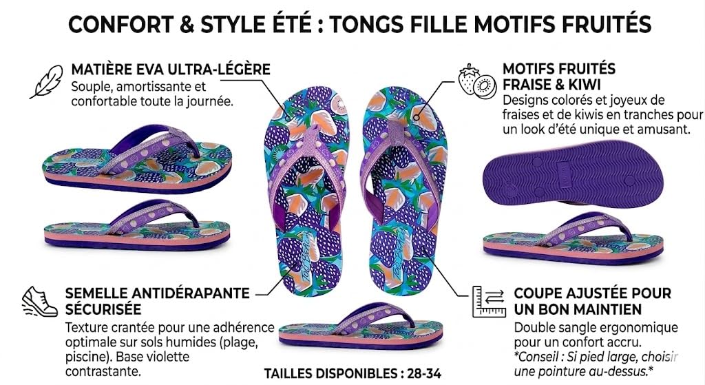 Tongs Fille Luxe Fraises Violettes Semelles Épaisses Confort Antidérapantes Plage Piscine Été Tailles 28-34