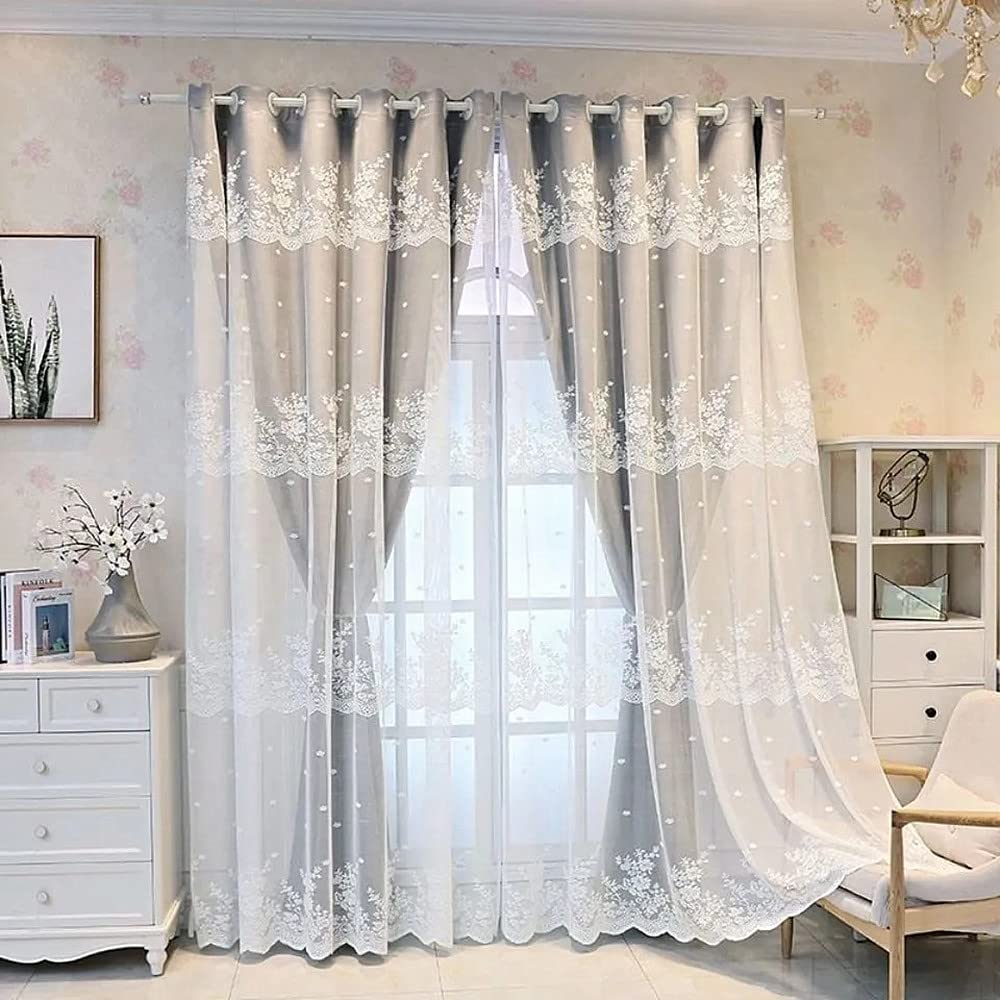 Amidoudou Tenda A Doppio Strato Con Ricamo Floreale Per Soggiorno E Camera Da Letto (Grigio, 167x228 Cm, 2 Pannelli) - 3