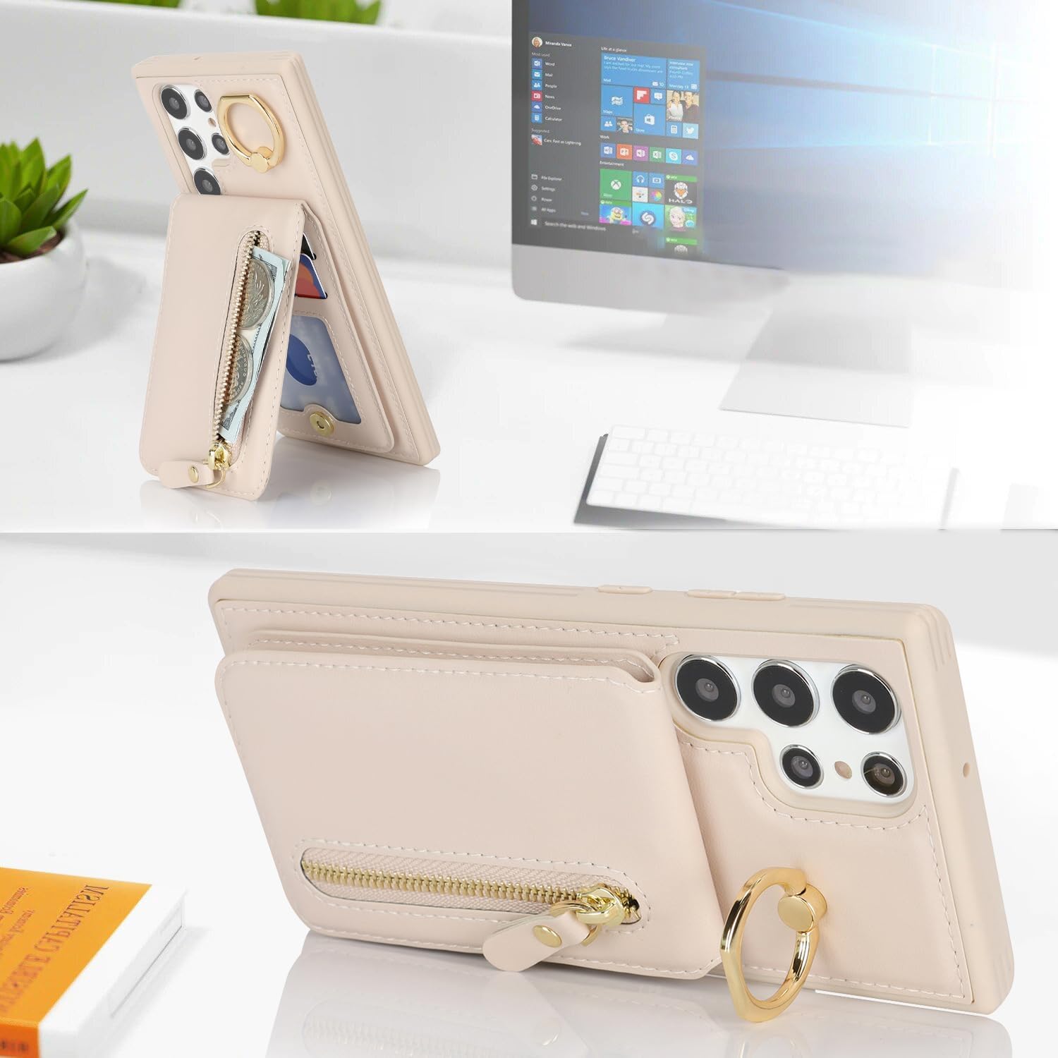 for Samsung Galaxy S22 Ultra Phone case with Card Holder with Compatible magsafe Magnetic, Key Chain PU Leather Flip Kickstand Detachable 2-in-1 Wallet case Women Men-Warm White - Image 6