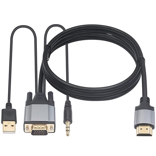 Duttek Cable adaptador VGA a HDMI de 5 pies/4.9 ft, chapado en oro, 1080P, VGA activo macho a HDMI macho, cable adaptador de video analógico con