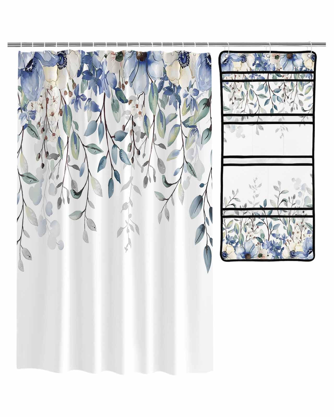 Decorative Shower Curtain Sets Spring Floral Blue Fabric Waterproof Shower Curtains Watercolor Tulip Flowers Leaf Texture Mesh Shower