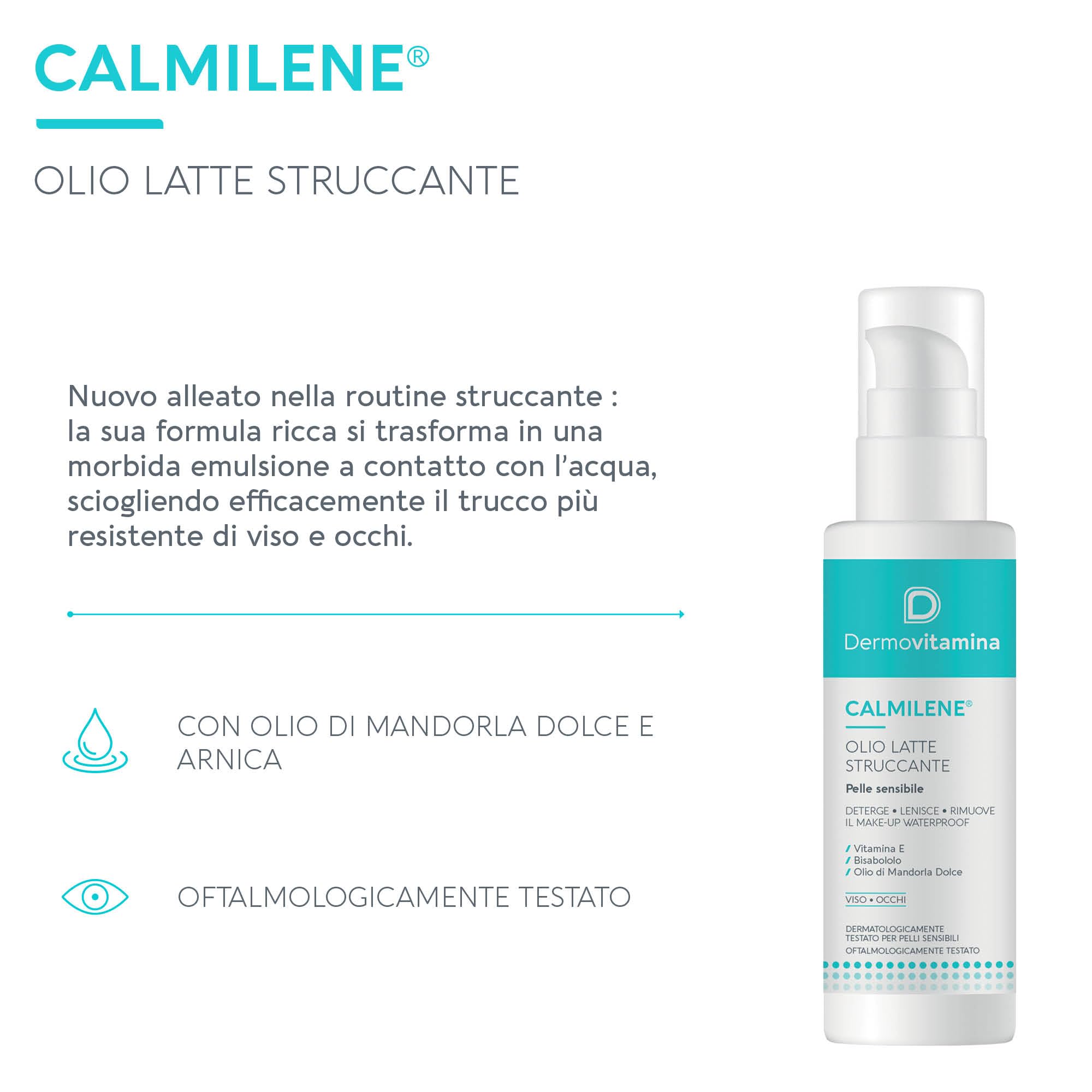 Dermovitamina Calmilene Olio Latte Struccante - Struccante Viso e Occhi - Rimozione Trucco Waterproof - Per Pelli Sensibili - Latte Detergente Viso - Con Vitamina E, Arnica e Calendula - 100ml