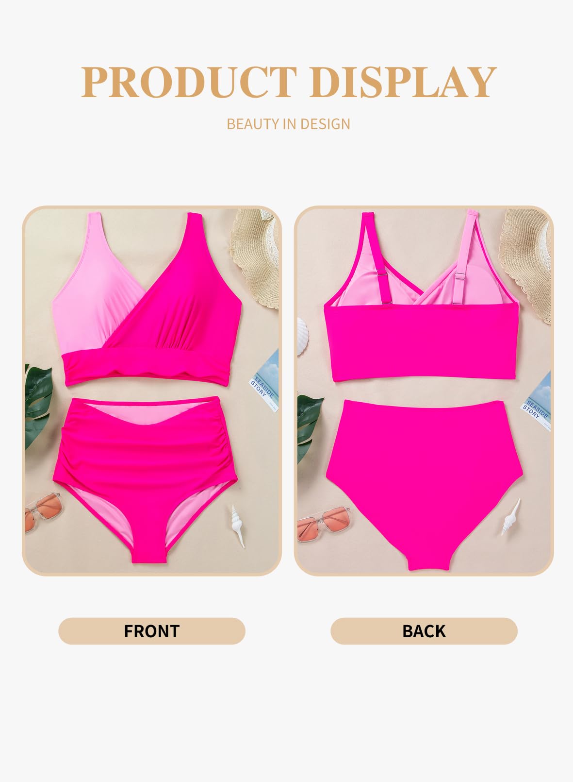 Eytino Womens Plus Size Bikini Sets High Waisted V Neck Bahting Suits Two Piece Color Block Swimsuits(1X-5X)