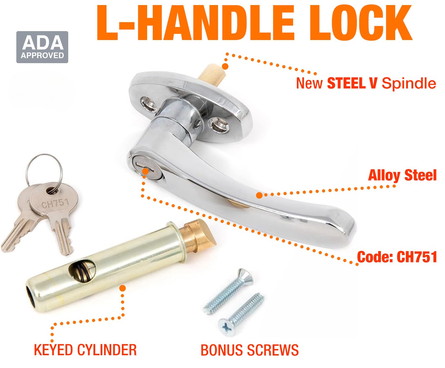 Oswald Supply L Handle and Latch Set, Chrome Locking ADA Approved