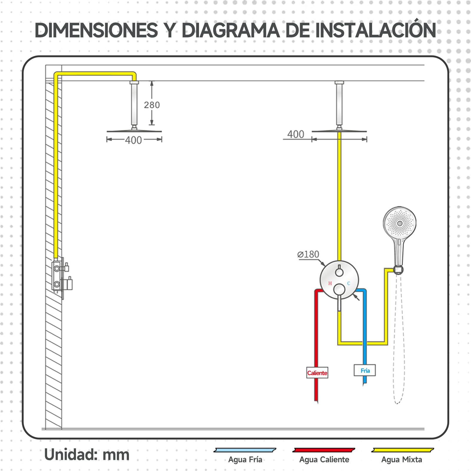 Columna ducha,Rociador de ducha de alta presión redondo 40 x 40 cm,Cabezal de ducha de lluvia ajustable 360°,Con boquilla antical,Juego de ducha de baño de oro cepillado,Kit de ducha con ducha de mano