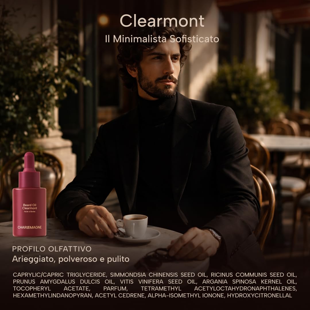 Charlemagne Olio Barba per Uomo – 30 ml, Clearmont | Profumo Minimalista – Olio Barba Premium, Ammorbidente e Idratante – Olio di Argan, Jojoba – Allevia il Prurito, Ammorbidisce Peli Irsuti