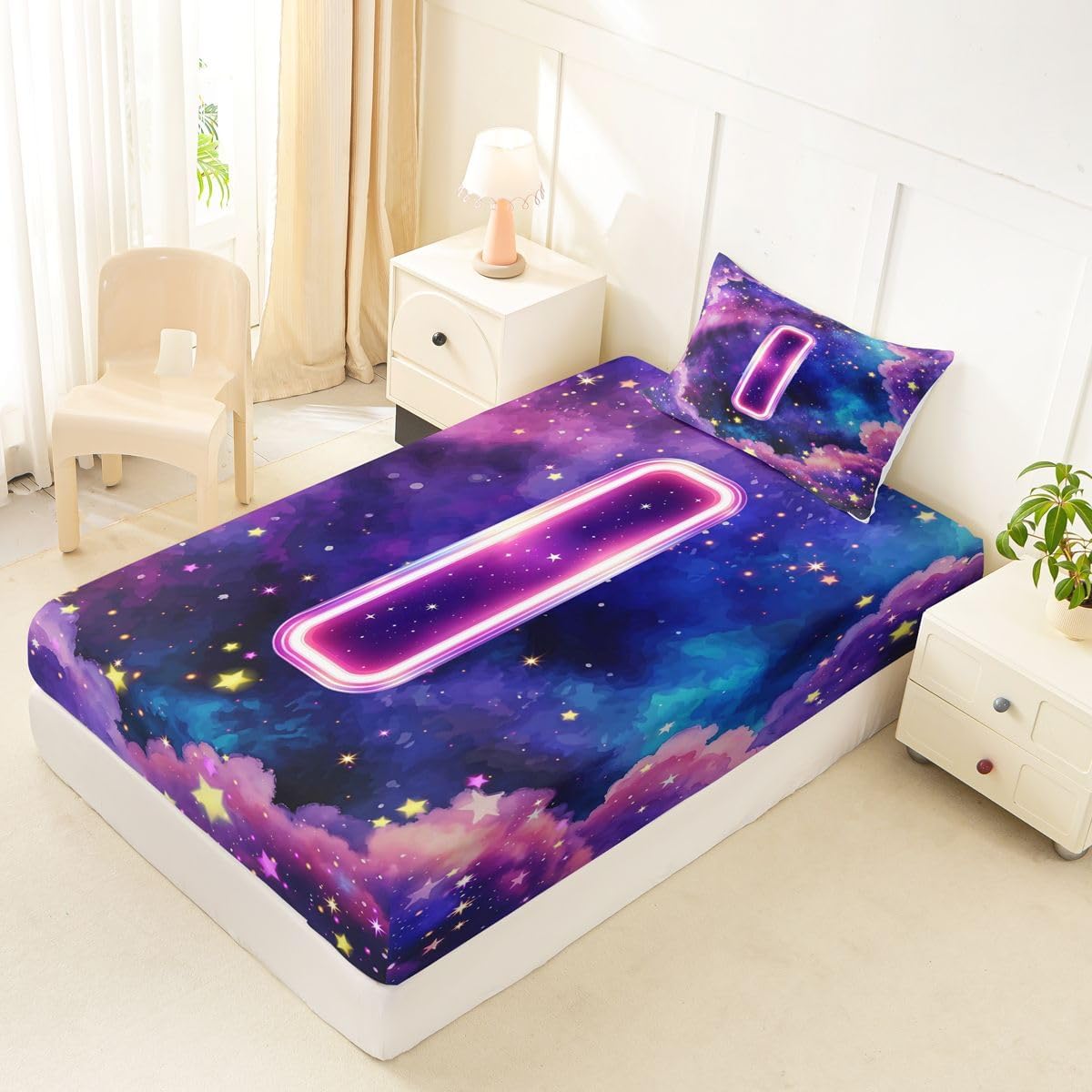 Erosebridal Neon Letter I Fitted Sheet Twin Size Galaxy Starry Sky Bed Sheets Kids Girls Young Abstract Universe Bedding Set Pretty Purple Blue Ormbre Aesthetic Sheets