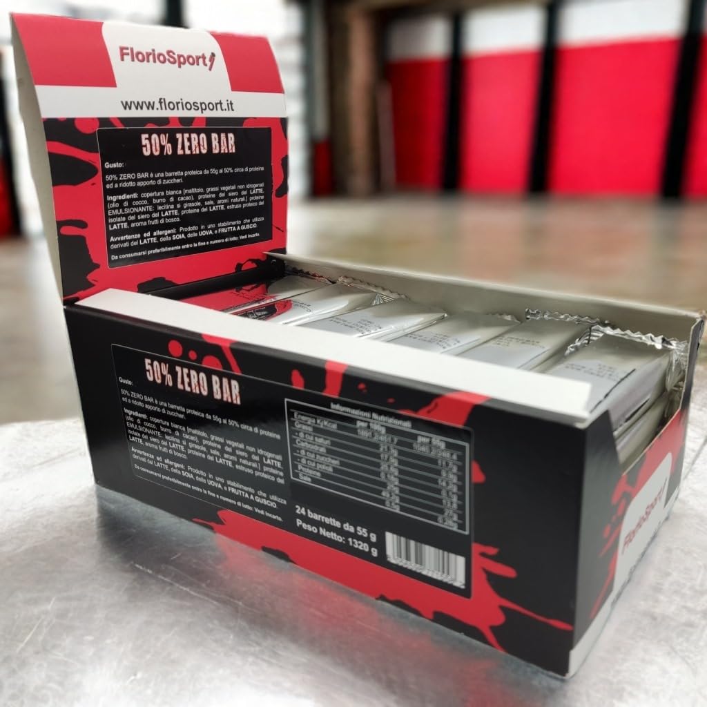 Barrette Proteiche Senza Zucchero 50% Zero Bar FlorioSport 24 pz da 55g al 50% di Proteine del Siero del latte isolate Whey - Peso Netto 1320g (Cioccolato Fondente)