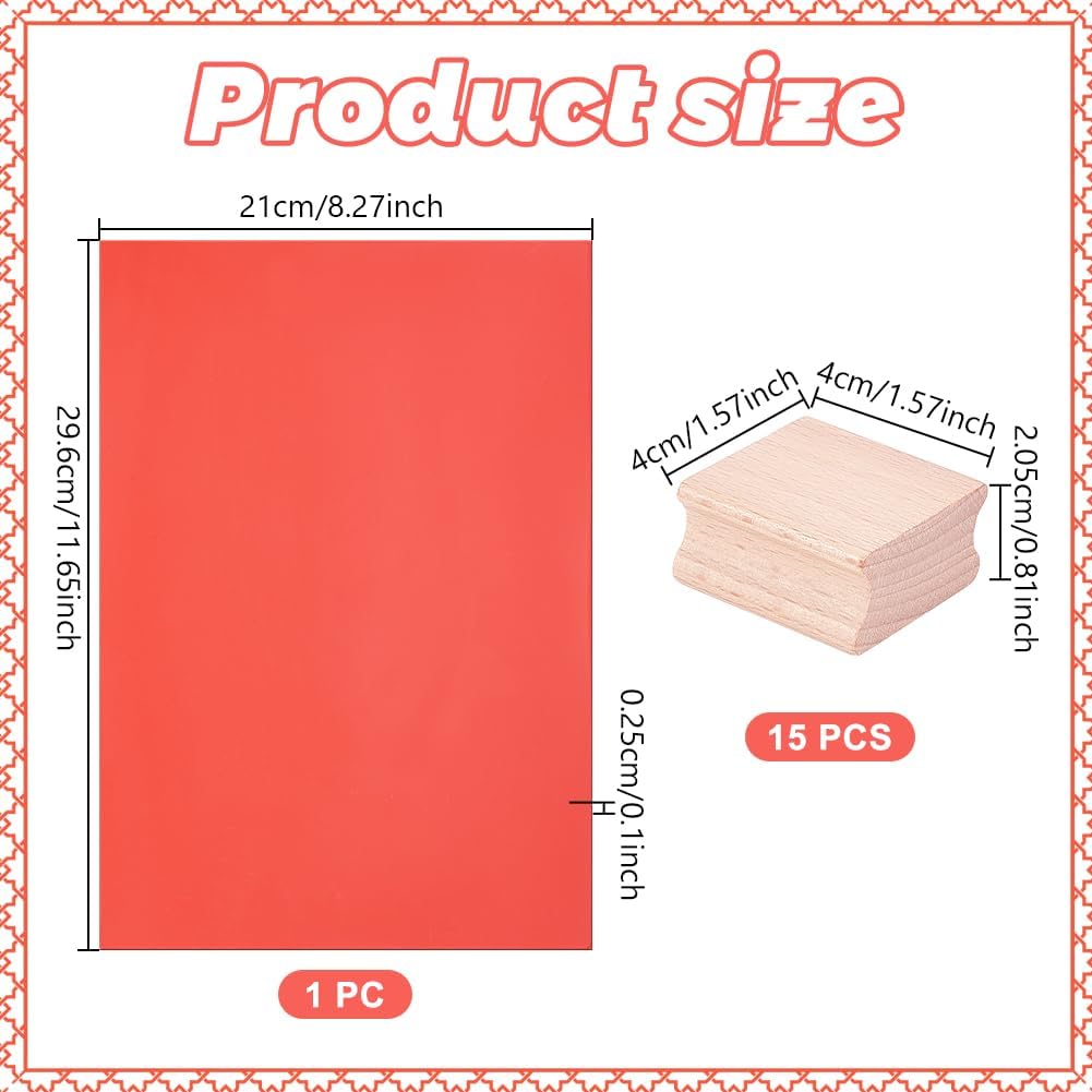 UNICRAFTALE 15Pcs Blank Wood Rubber Stamp Mounts with Red Rubber Stamp Sheet for Laser Engraving 29.6x21cm Soft Rubber Sheet 1.57 x 1.57 Inch Hard Wooden Blocks for Stamp Making DIY Crafting